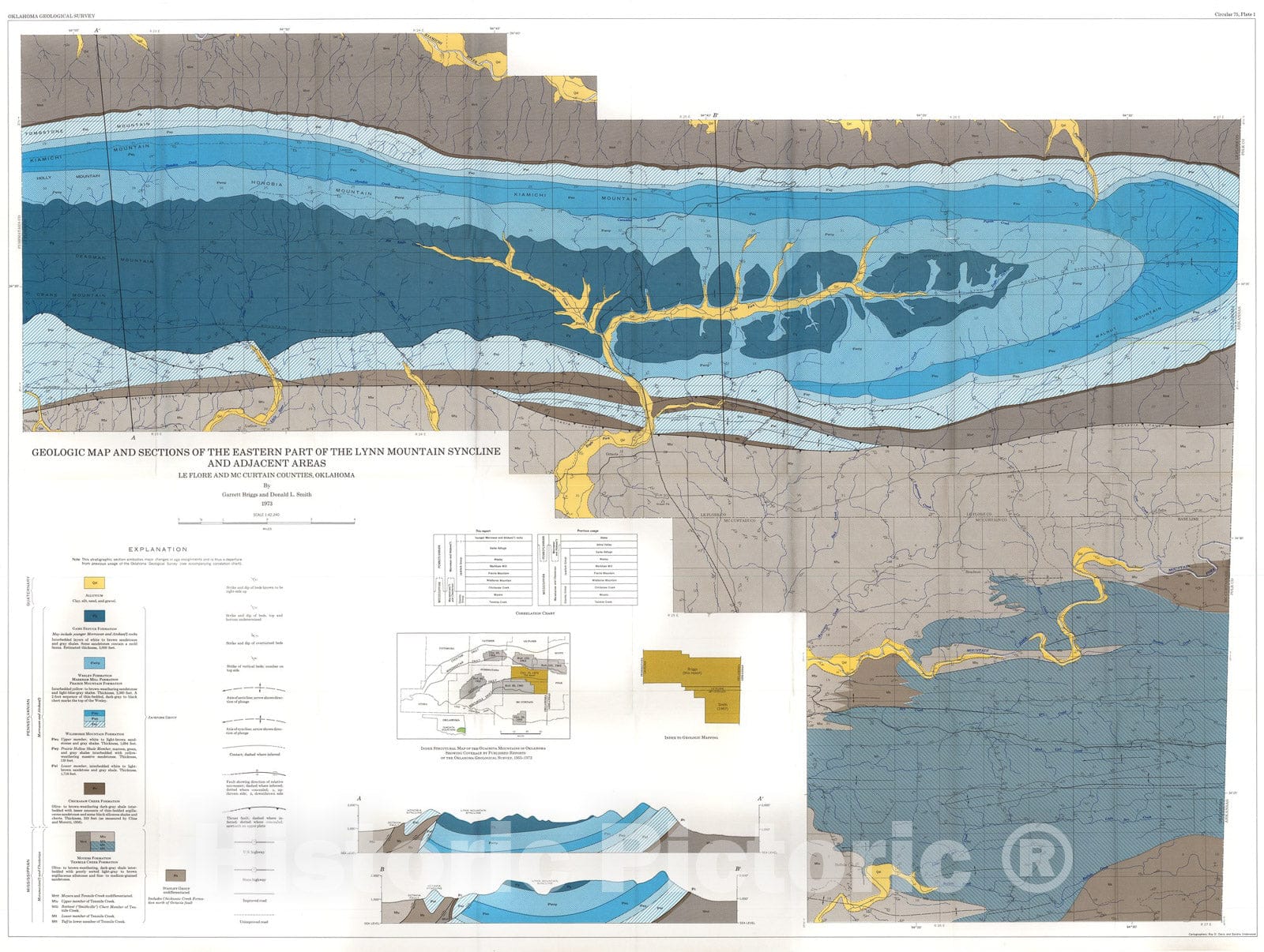 Map : Plate 1. Geologic map and sections of the eastern part of the Lynn Mountain syncline and adjacent areas, 1973 Cartography Wall Art :
