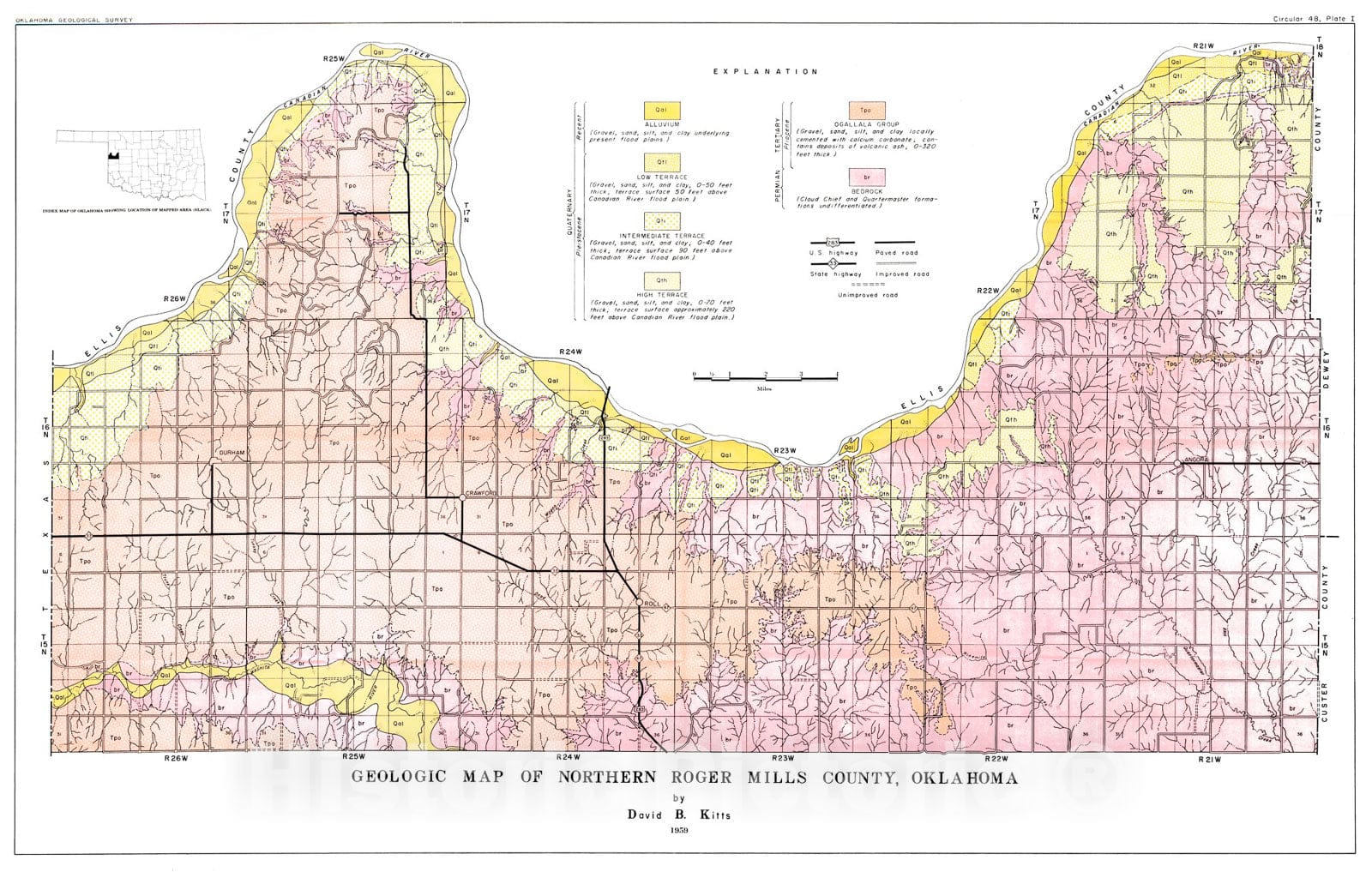 Map : Cenozoic geology of northern Roger Mills County, Oklahoma, 1959 Cartography Wall Art :