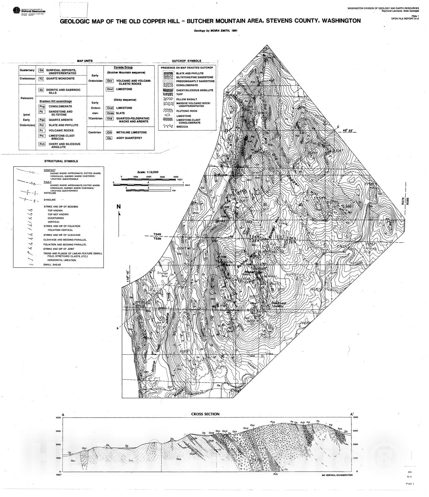 Map Geologic map of the Old Copper Hill Butcher Mountain area, Stev Historic Pictoric