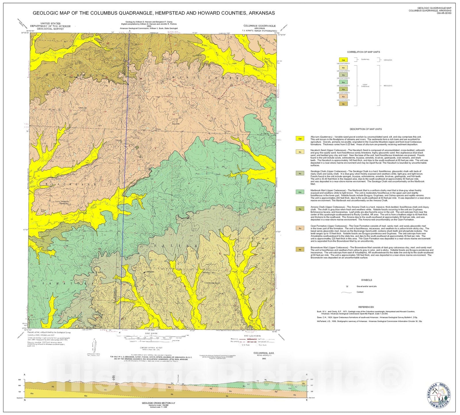 Map : Geologic Map of the Columbus Quadrangle, Hempstead and Howard Counties, Arkansas, 1997 Cartography Wall Art :
