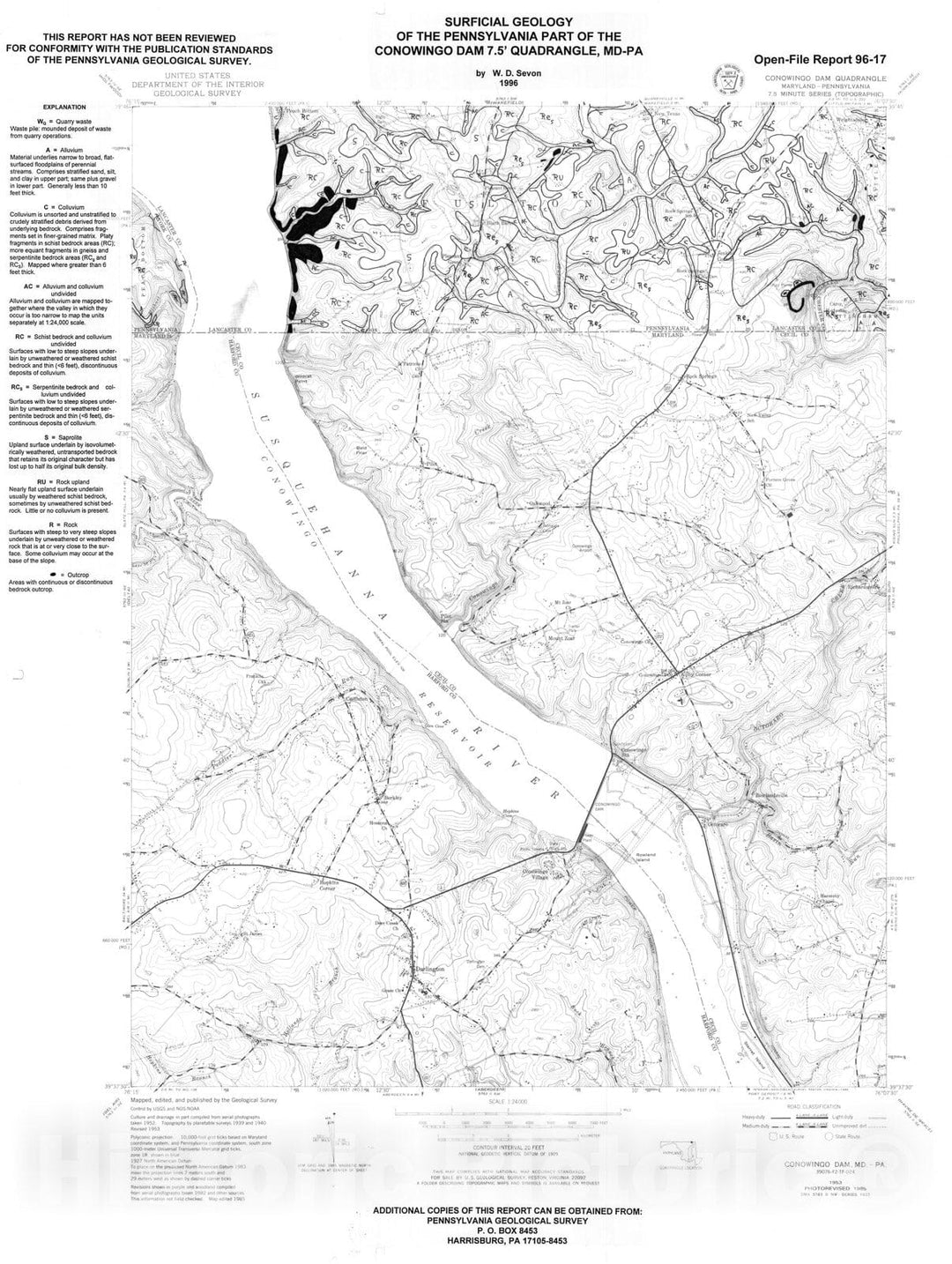 Map : Surficial geology of the Pennsylvania part of the Conowingo Dam 7.5' quadrangle, MD-PA, 1996 Cartography Wall Art :