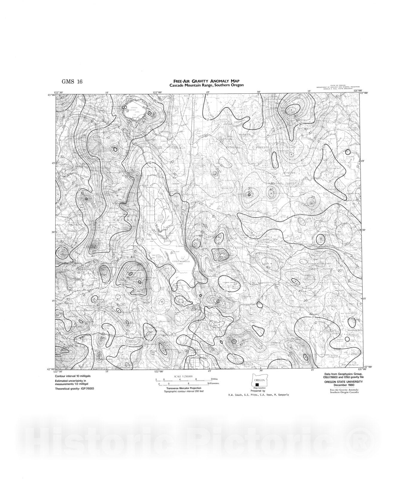 Map : Free-air gravity anomaly and complete Bouguer gravity anomaly map, Cascade Range, southern Oregon, 1981 Cartography Wall Art :
