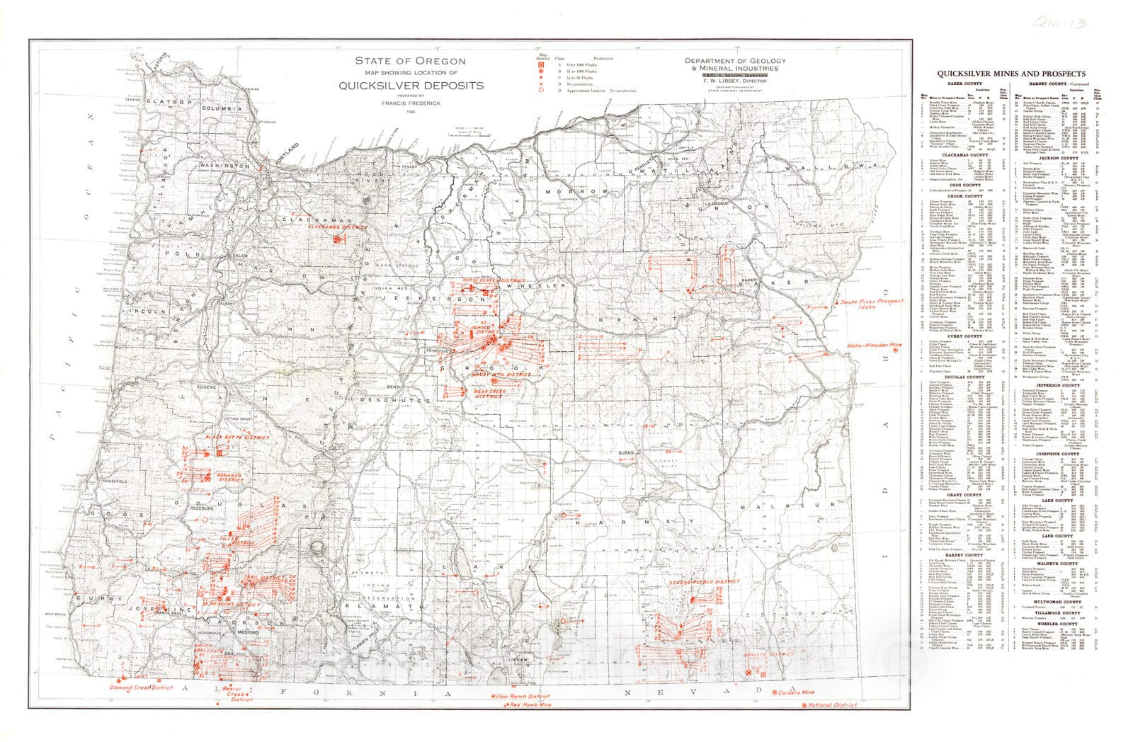Map : State of Oregon map showing locations of quicksilver deposits, 1945 Cartography Wall Art :