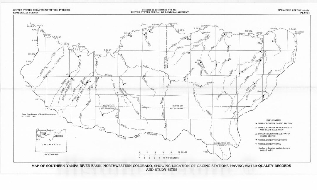 Map : Water-quality data for streams in the southern Yampa River basin, northwestern Colorado, 1982 Cartography Wall Art :