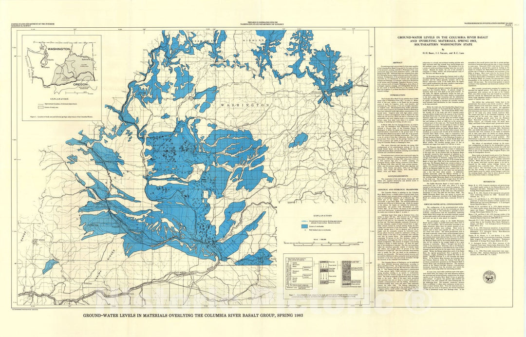Map : Maps showing ground-water levels in the Columbia River basalt and overlying materials, spring 1983, southeastern Washington, 1985 Cartography Wall Art :