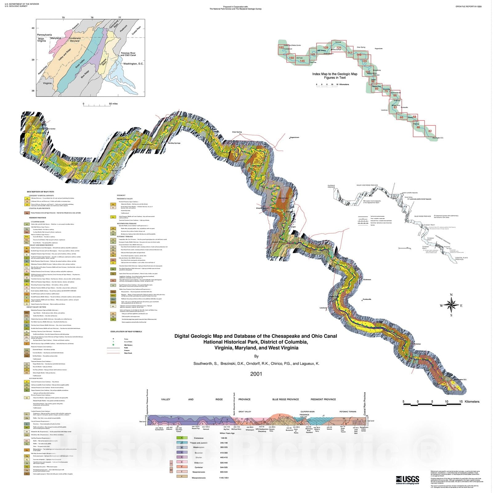 Map : Geology of the Chesapeake and Ohio Canal Park and Potomac River Corridor, District of Columbia, Maryland, West Virginia, and Virginia, 2001 Cartography Wall Art :