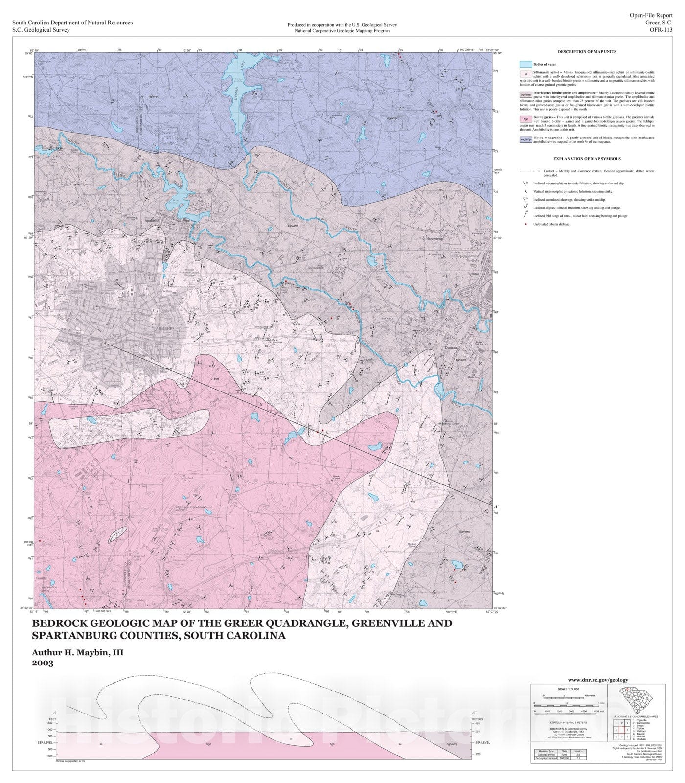 Map : Bedrock geologic map of the Greer quadrangle, Greenville and Spartanburg Counties, South Carolina, 1998 Cartography Wall Art :