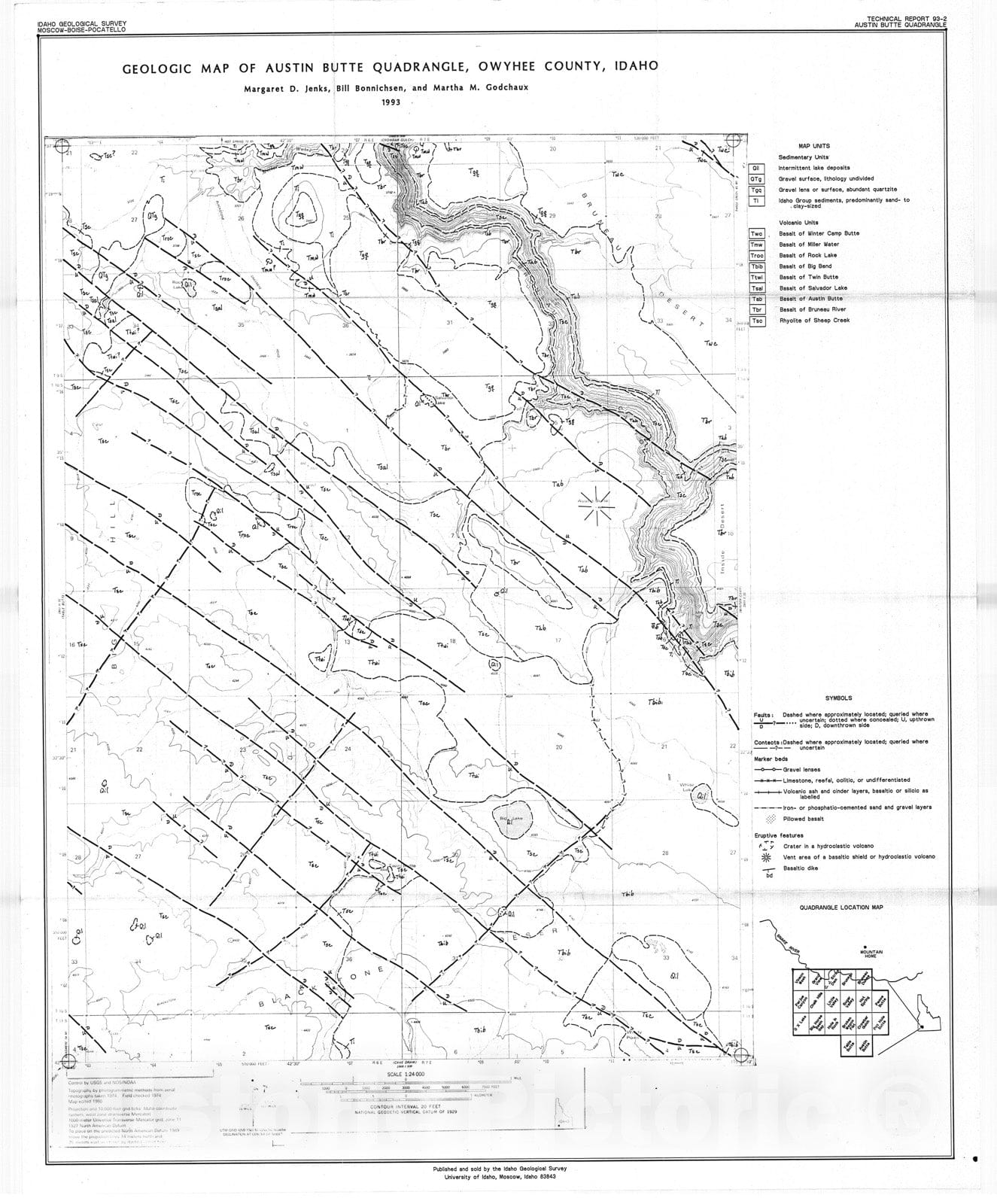 Map : Geologic map of the Austin Butte quadrangle, Owyhee, County, Idaho, 1993 Cartography Wall Art :