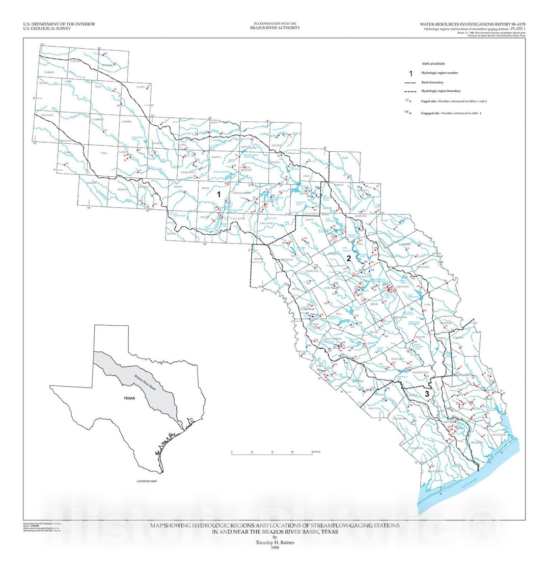 Map : Peak-discharge frequency and potential extreme peak discharge for natural streams in the Brazos River Basin, Texas, 1998 Cartography Wall Art :