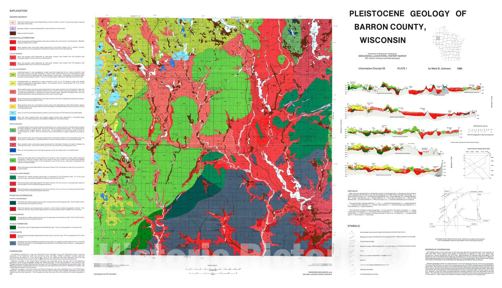 Map Pleistocene Geology of Barron County, Wisconsin, 1986 Cartograph Historic Pictoric