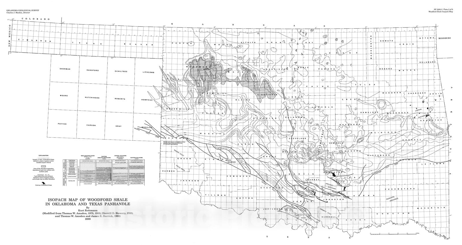 Map : Plate 2. Isopach map of Woodford Shale in Oklahoma and Texas Panhandle, 2000 Cartography Wall Art :