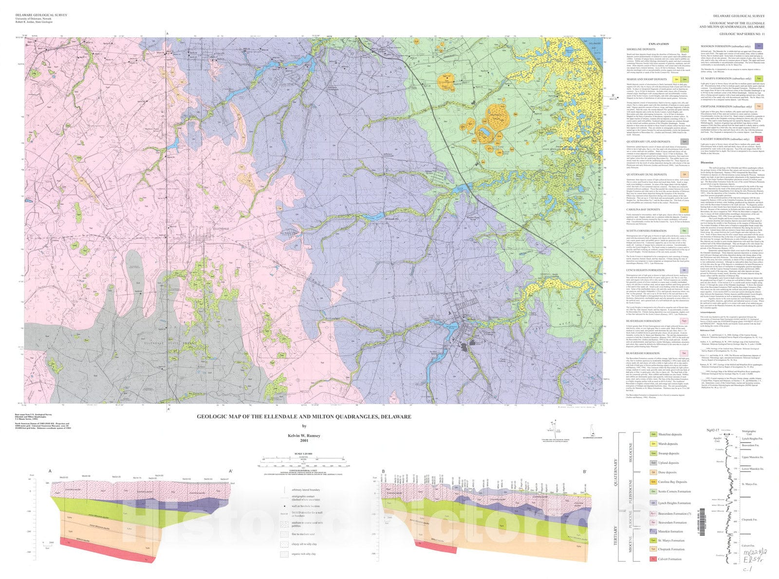 Map : Geologic map of the Ellendale and Milton quadrangles, Delaware, 2001 Cartography Wall Art :