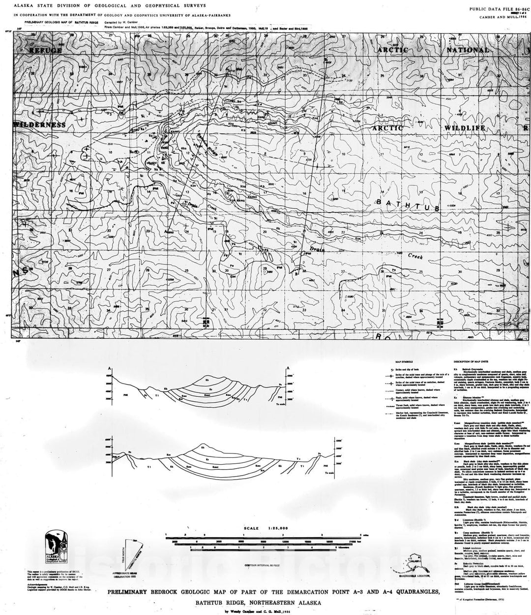 Map : Arctic National Wildlife Refuge, northeastern Alaska. Preliminary bedrock geologic map of part of the Demarcation Point A-2 and A-, 1986 Cartography Wall Art :