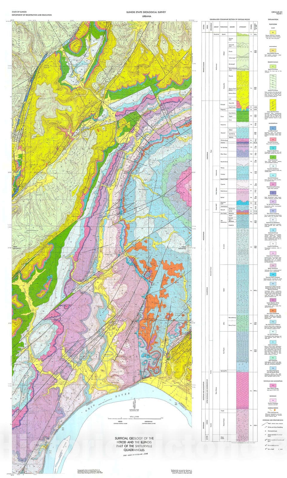 Map : Areal geology of the Illinois fluorspar: district, Part 3--Herod and Shetlerville Quadrangles, 1967 Cartography Wall Art :