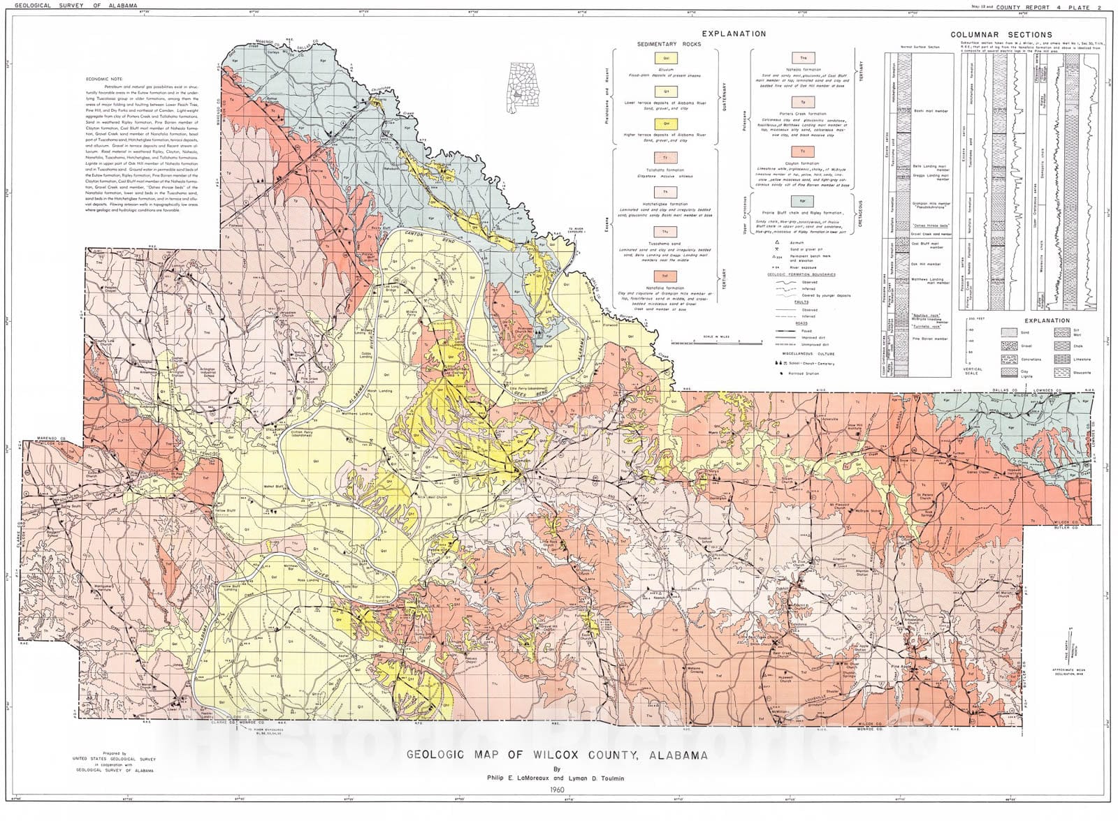 Map Geologic map of Wilcox County, Alabama, 1960 Cartography Wall Ar