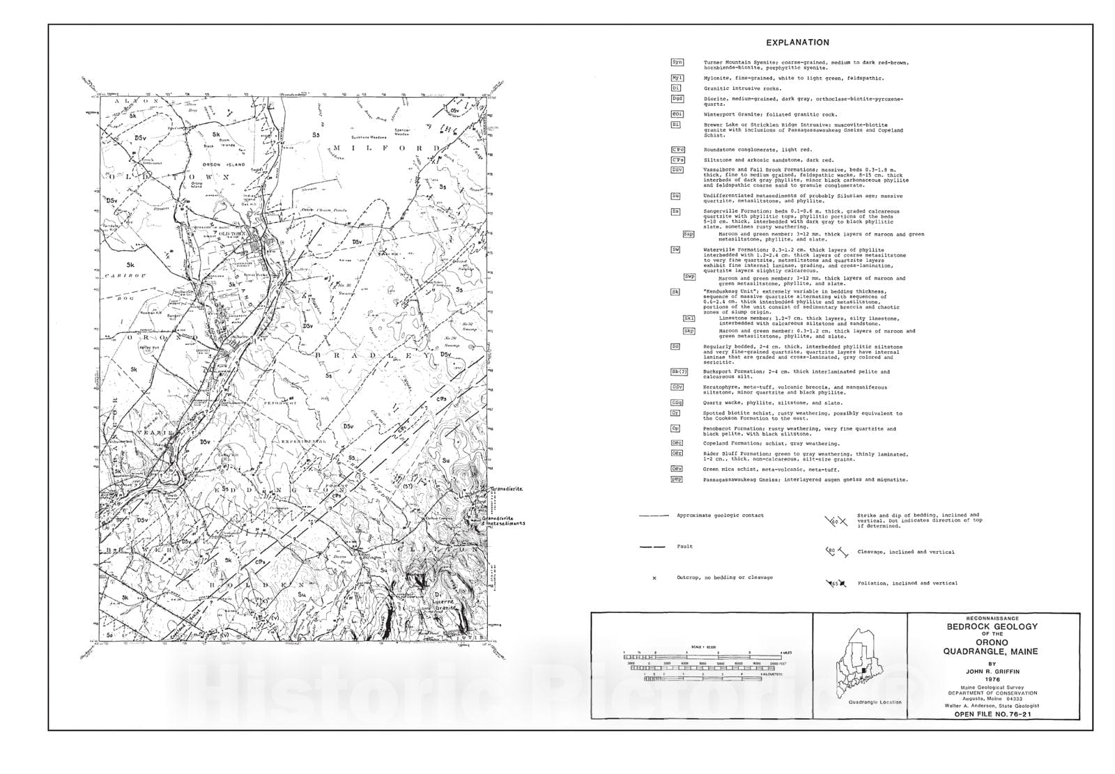 Map : Reconnaissance Bedrock Geology of the Orono 15' Quadrangle, Maine, 1976 Cartography Wall Art :