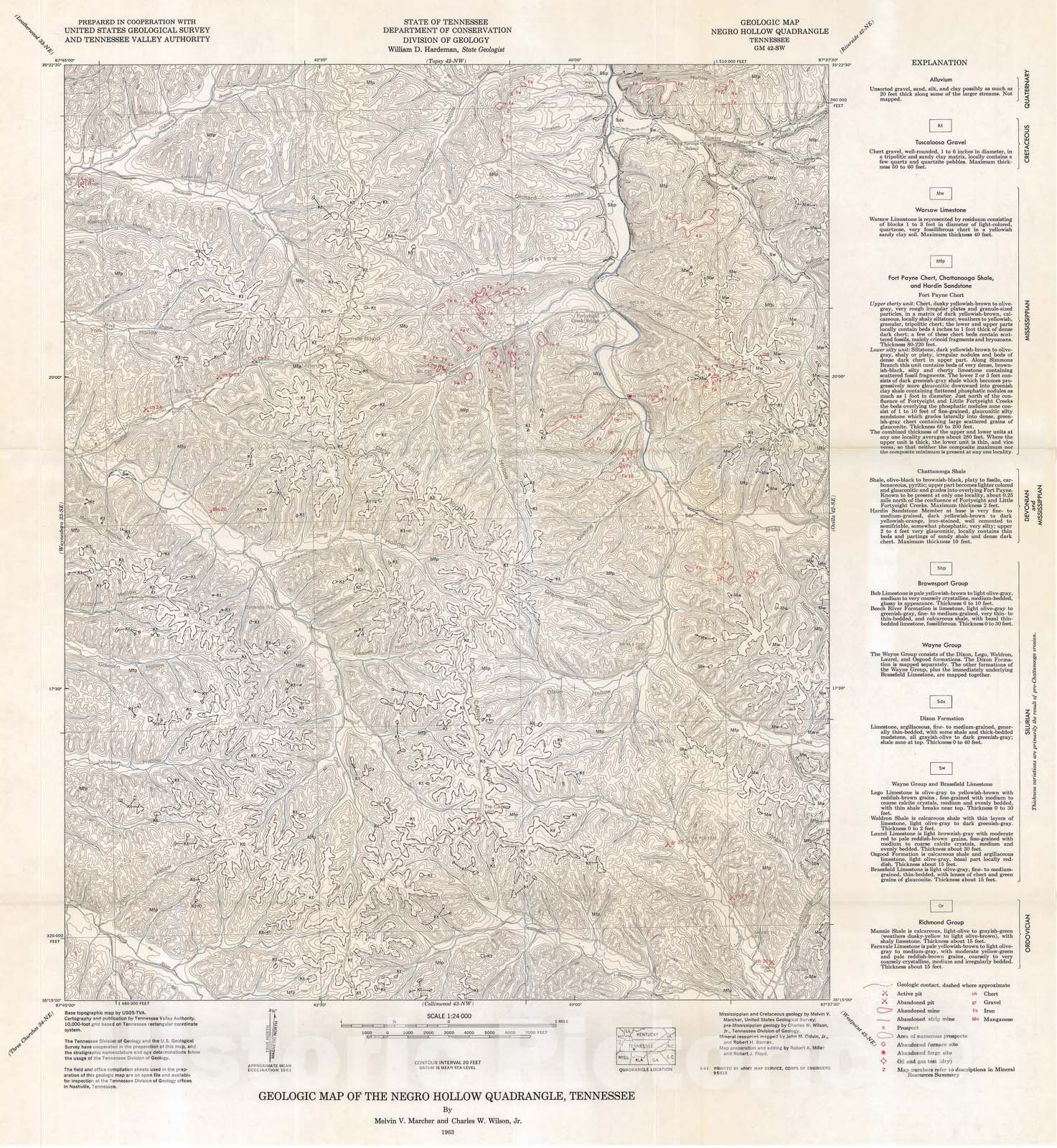 Map : Geologic Map and Mineral Resources Summary of the Negro Hollow Quadrangle, Tennessee (renamed Waynesboro East), 1963 Cartography Wall Art :
