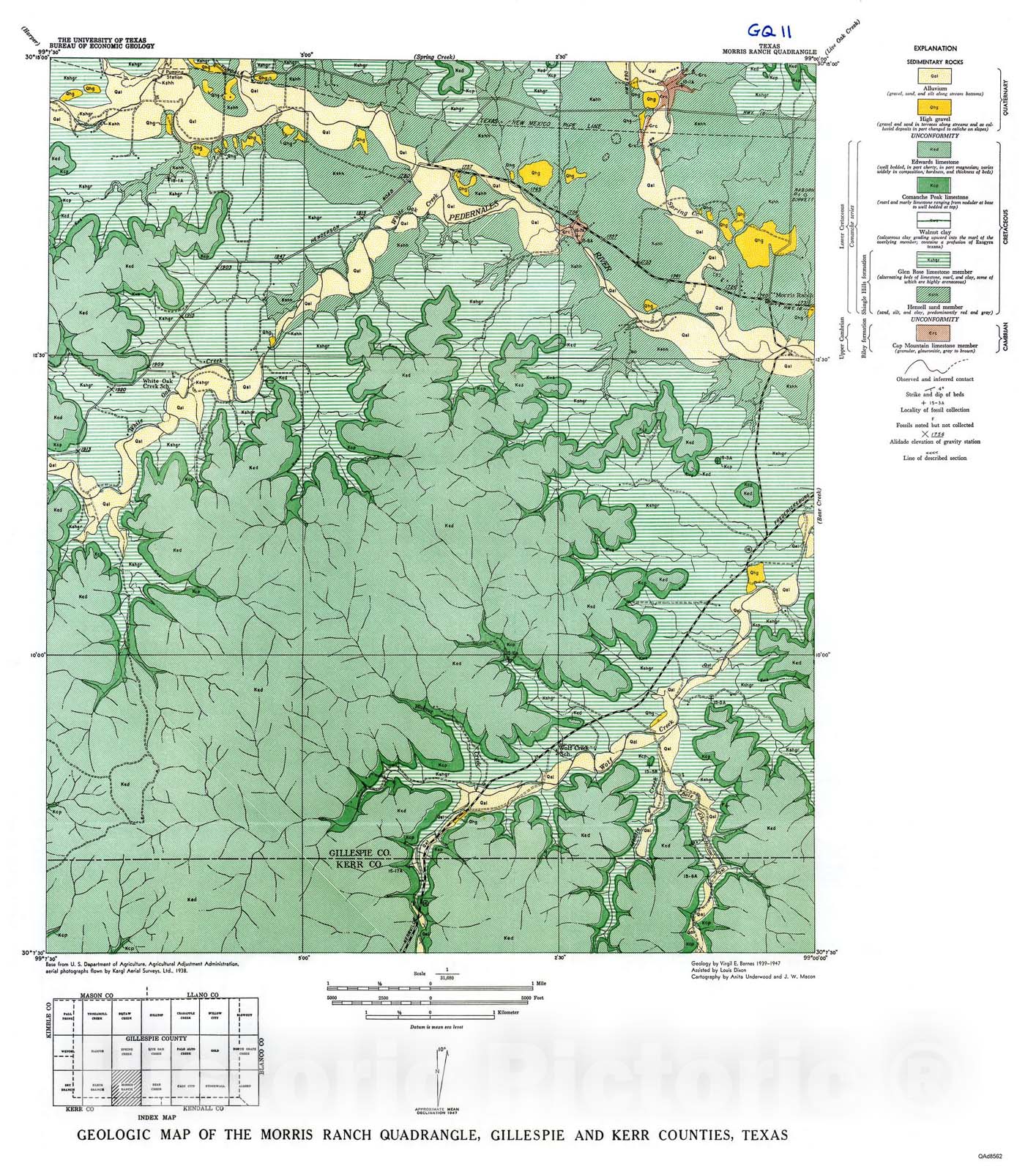 Map : Geologic map of the Morris Ranch quadrangle, Gillespie and Kerr Counties, Texas, 1952 Cartography Wall Art :