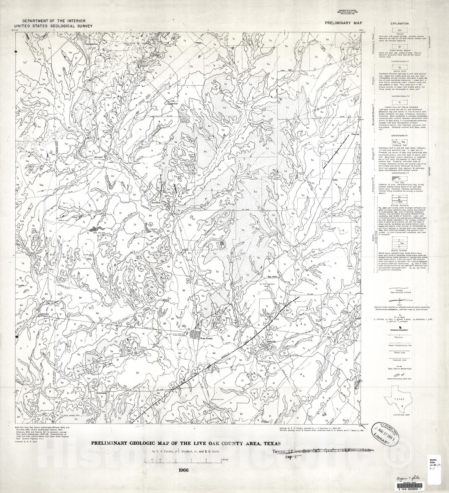 Map : Preliminary geologic map of the Live Oak County area, Texas, 1966 Cartography Wall Art :