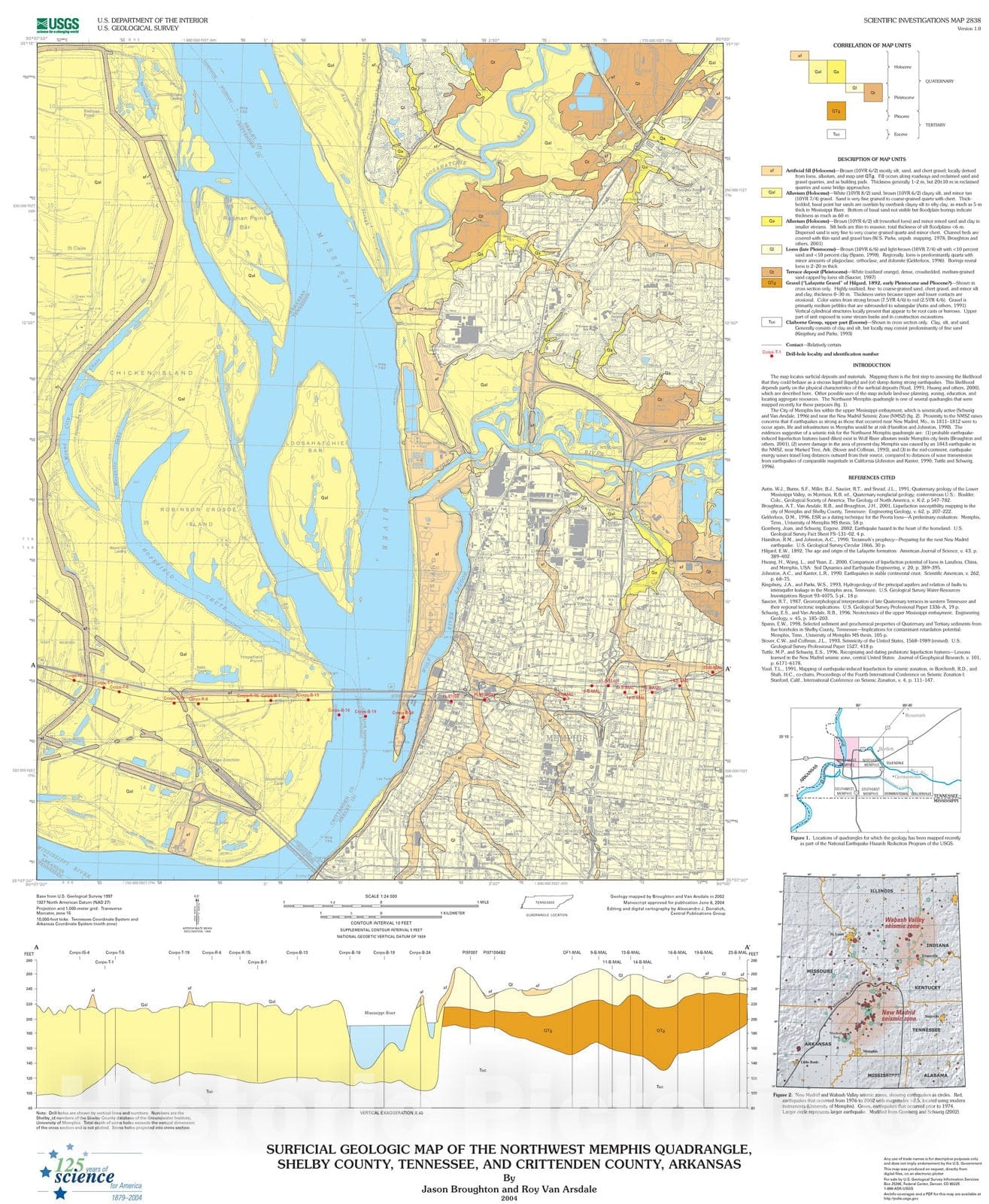 Map : Surficial geologic map of the Northwest Memphis quadrangle, Shelby County, Tennessee, and Crittenden County, Arkansas, 2004 Cartography Wall Art :