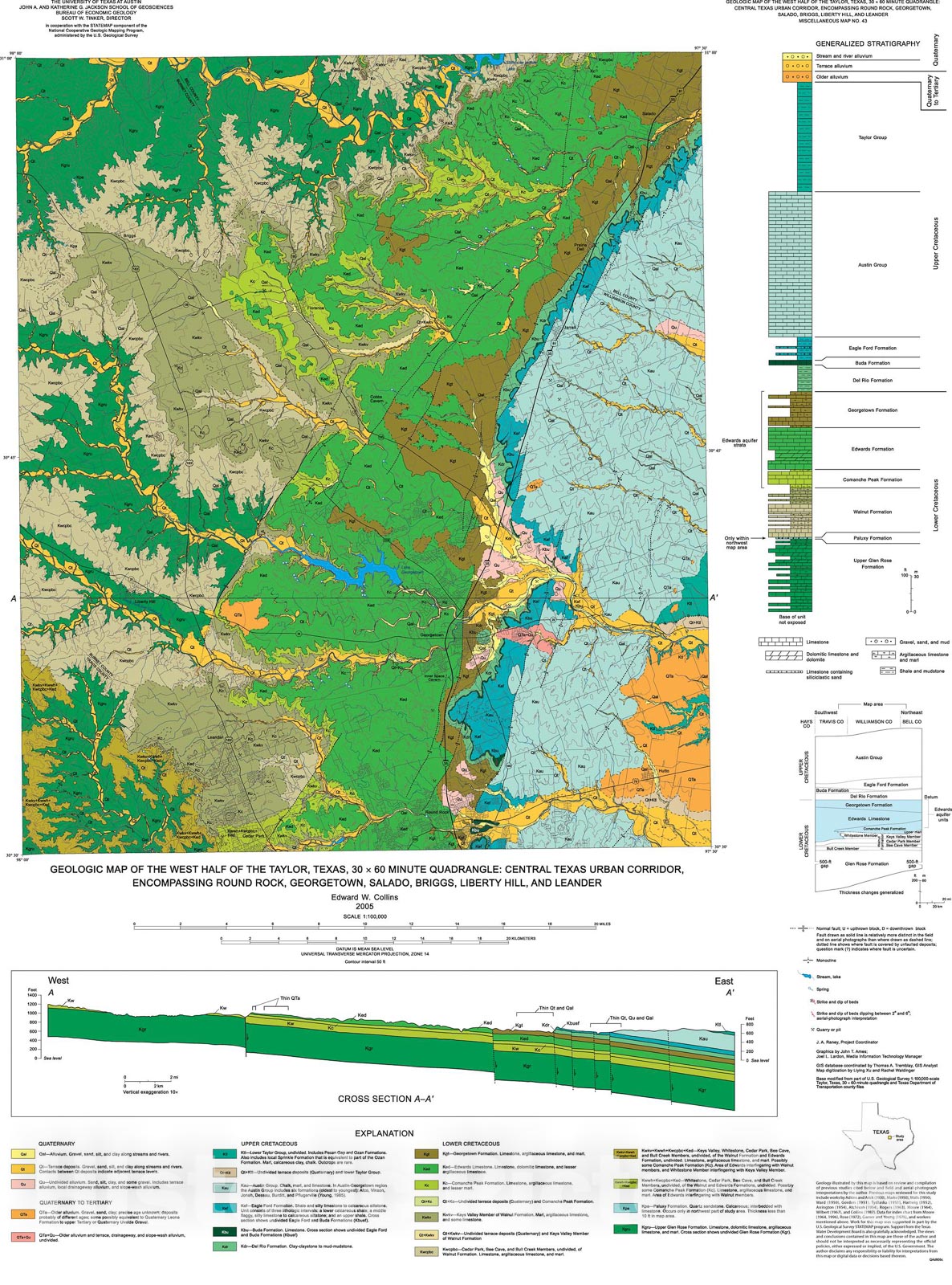 Map : Geologic map of the west half of the Taylor, Texas, thirty X sixty minute quadrangle: central Texas urban corridor, encompassing Round Ro, 2005 Cartography Wall Art :