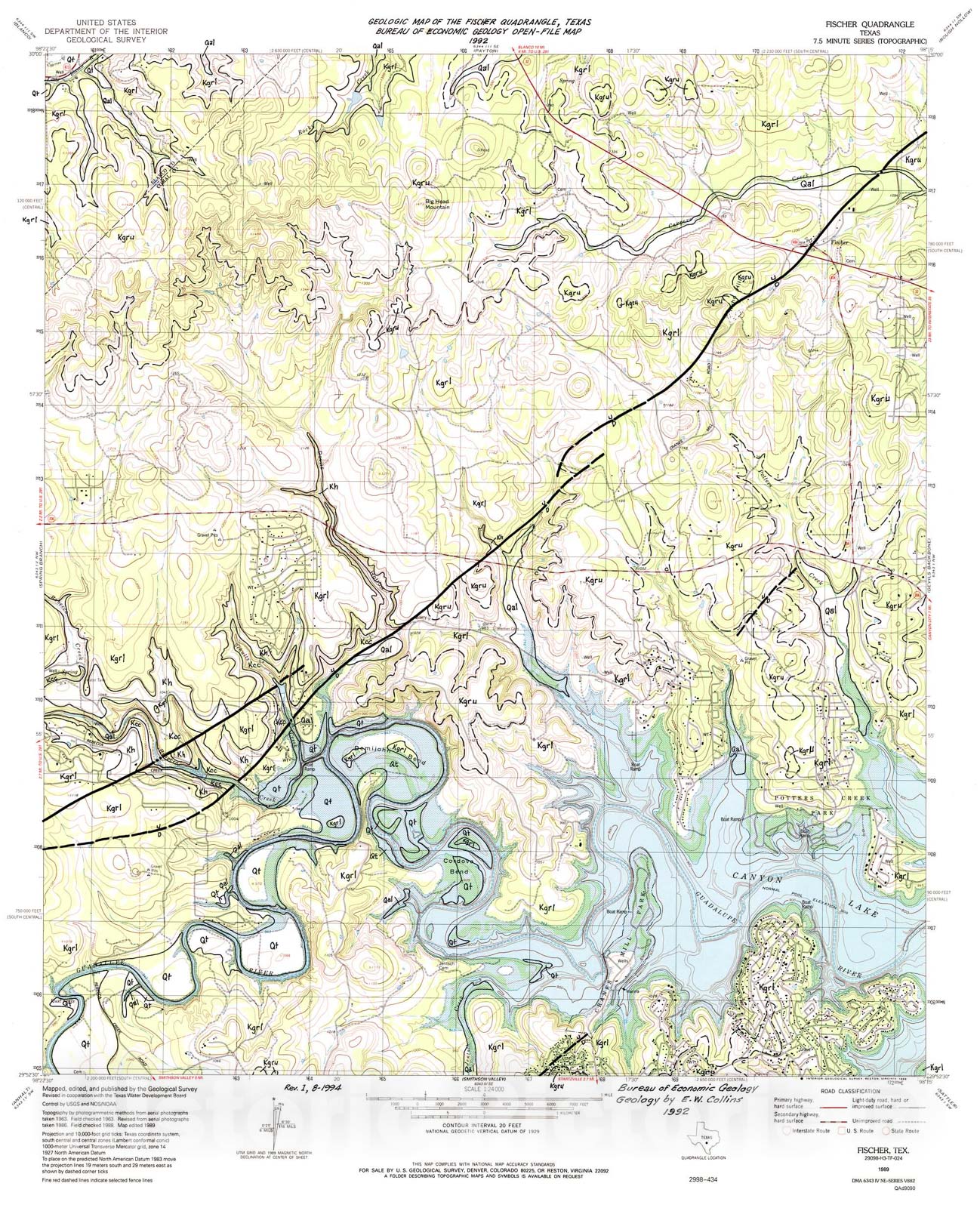 Map : Geologic map of the Fischer quadrangle, Texas, 1992 Cartography Wall Art :
