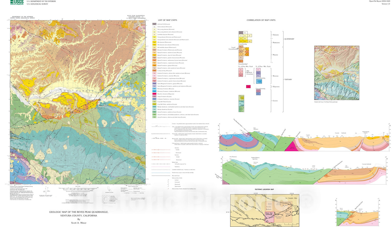 Map : Geologic map of the Reyes Peak quadrangle, Ventura County, California, 2004 Cartography Wall Art :