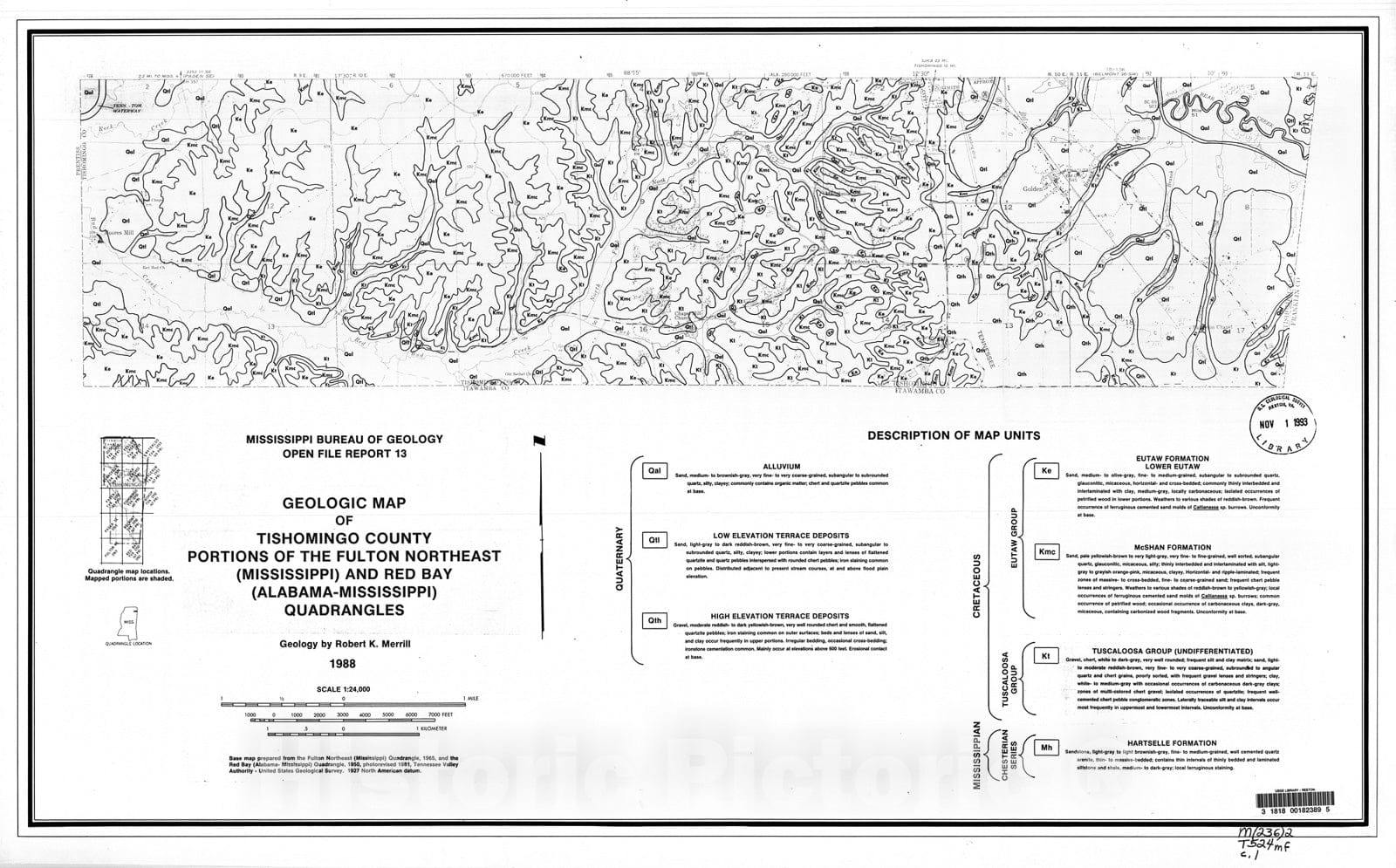 Map : Geologic map of the Tishomingo County portions of the Fulton Northeast (Mississippi) and Red Bay (Alabama - Mississippi) quadrangles, 1988 Cartography Wall Art :