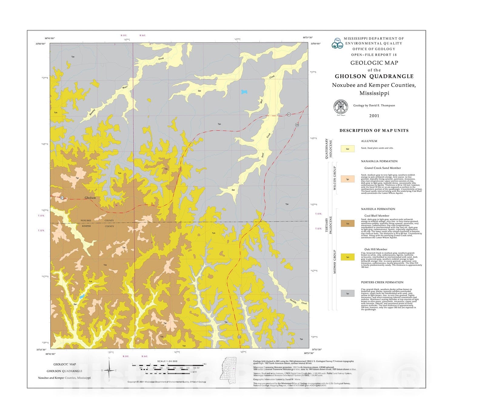 Map : Geologic map of the Gholson quadrangle, Noxubee and Kemper Counties, Mississippi, 2001 Cartography Wall Art :