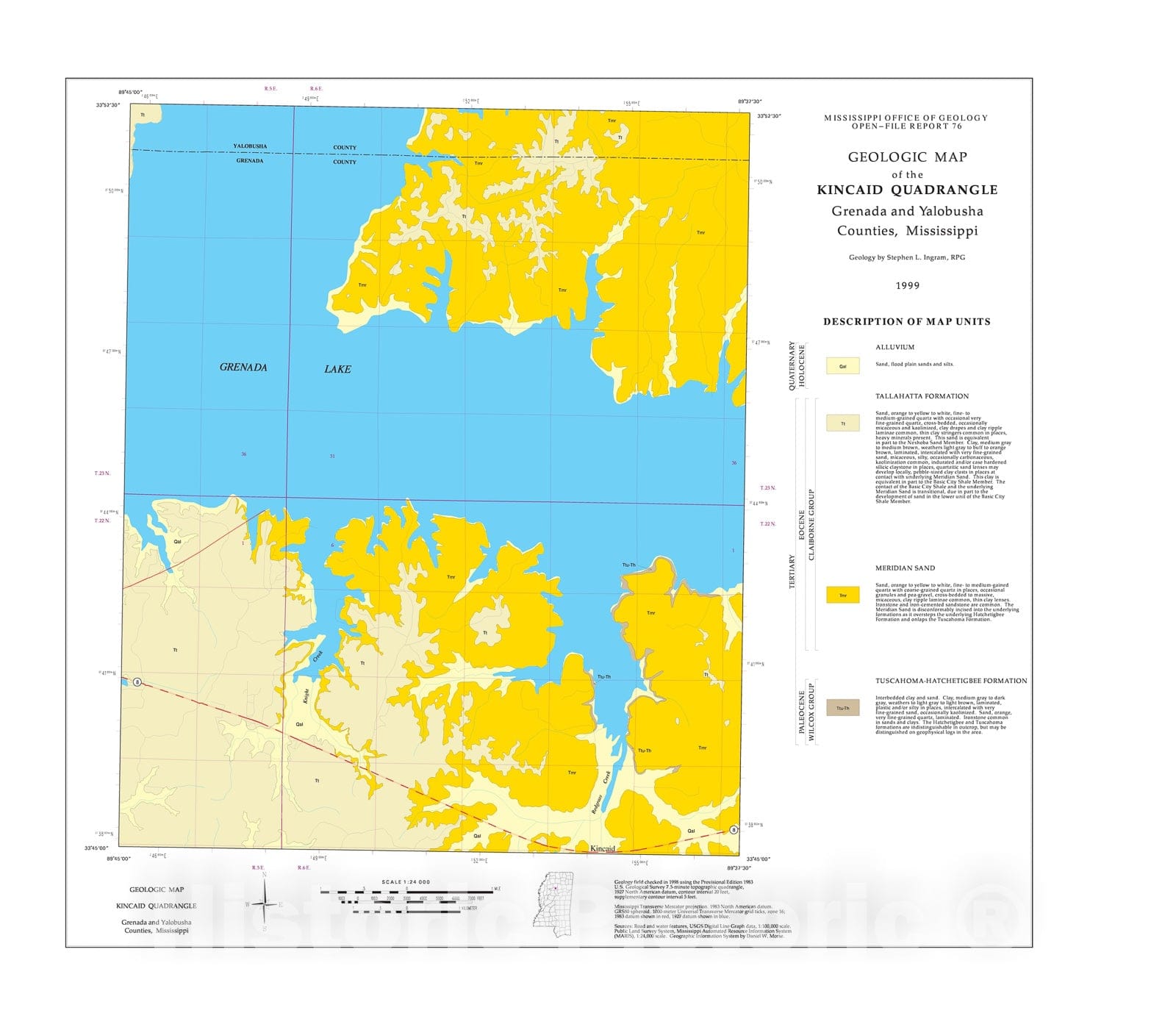 Map : Geologic map of the Kincaid quadrangle, Grenada and Yalobusha Counties, Mississippi, 1999 Cartography Wall Art :