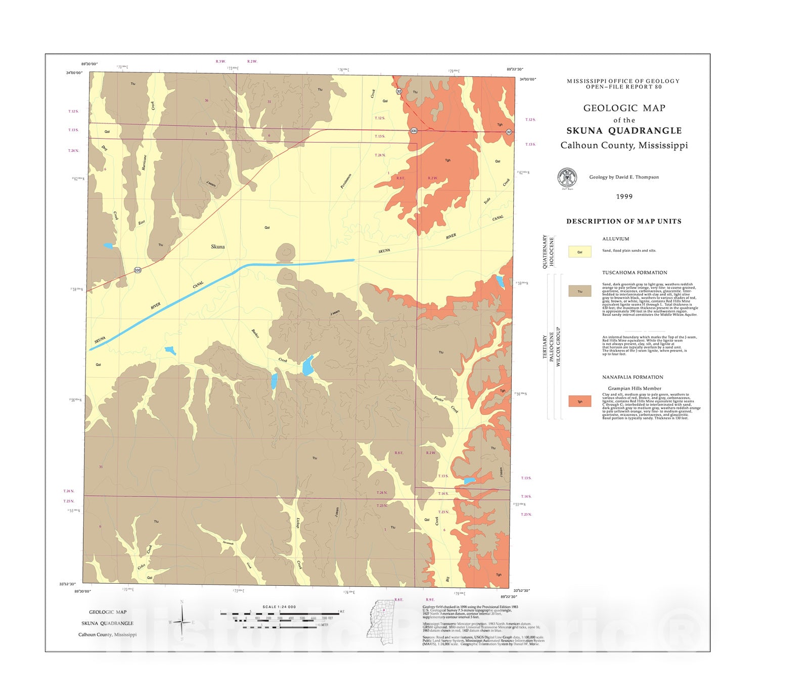 Map : Geologic map of the Skuna quadrangle, Calhoun County, Mississippi, 1999 Cartography Wall Art :