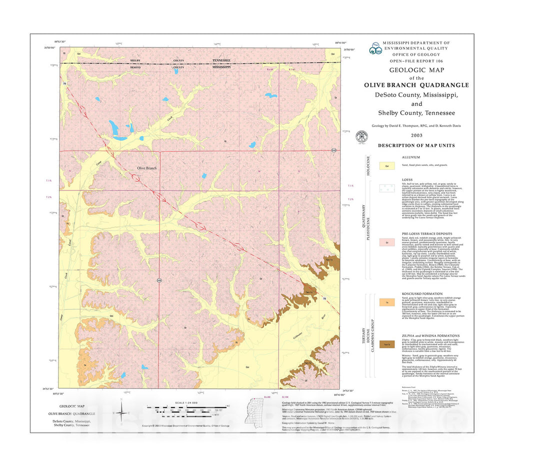 Map : Geologic map of the Olive Branch quadrangle, DeSoto County, Mississippi, and Shelby County, Tennessee, 2003 Cartography Wall Art :