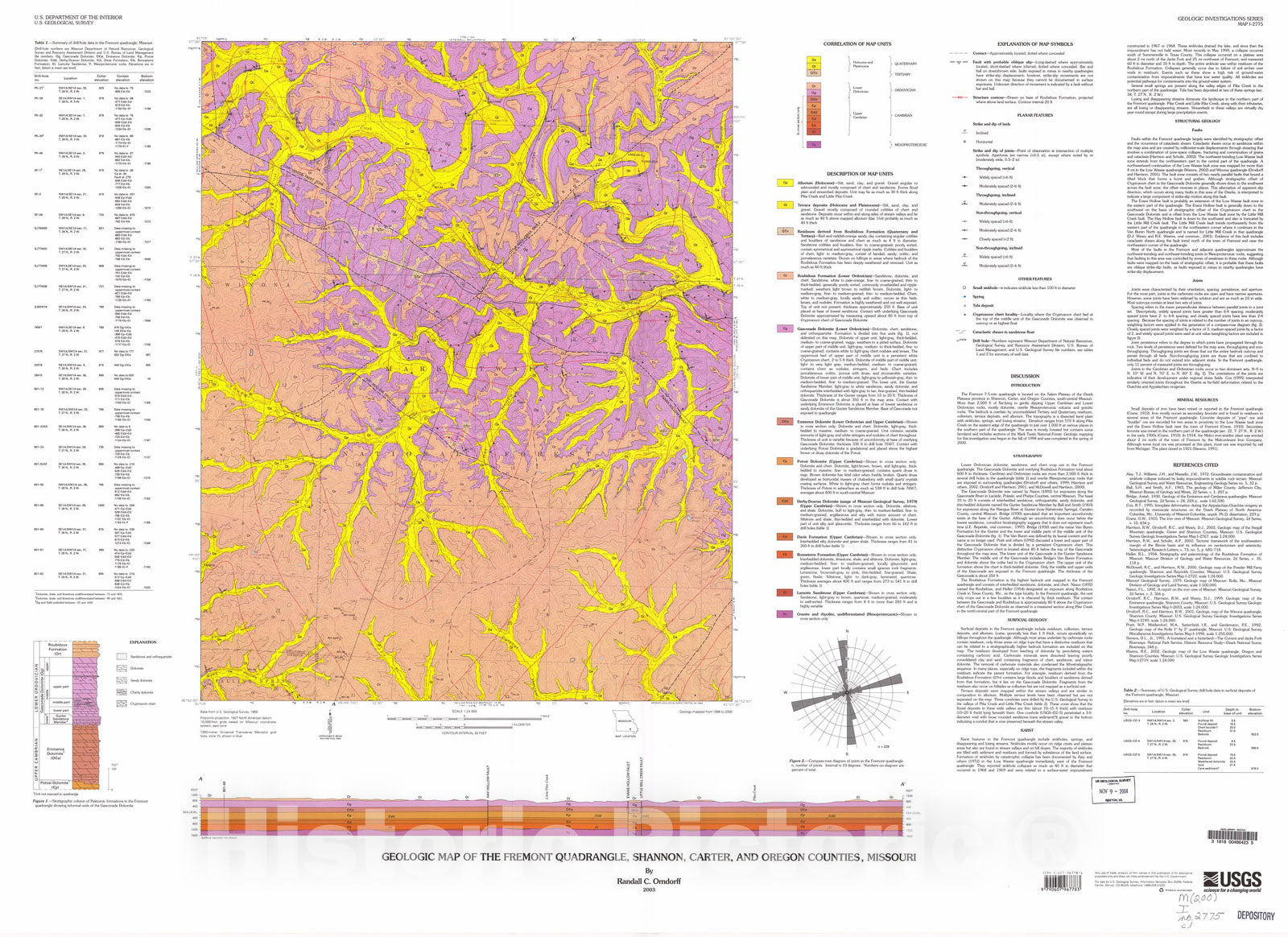Map : Geologic map of the Fremont quadrangle, Shannon, Carter, and Oregon Counties, Missouri, 2003 Cartography Wall Art :
