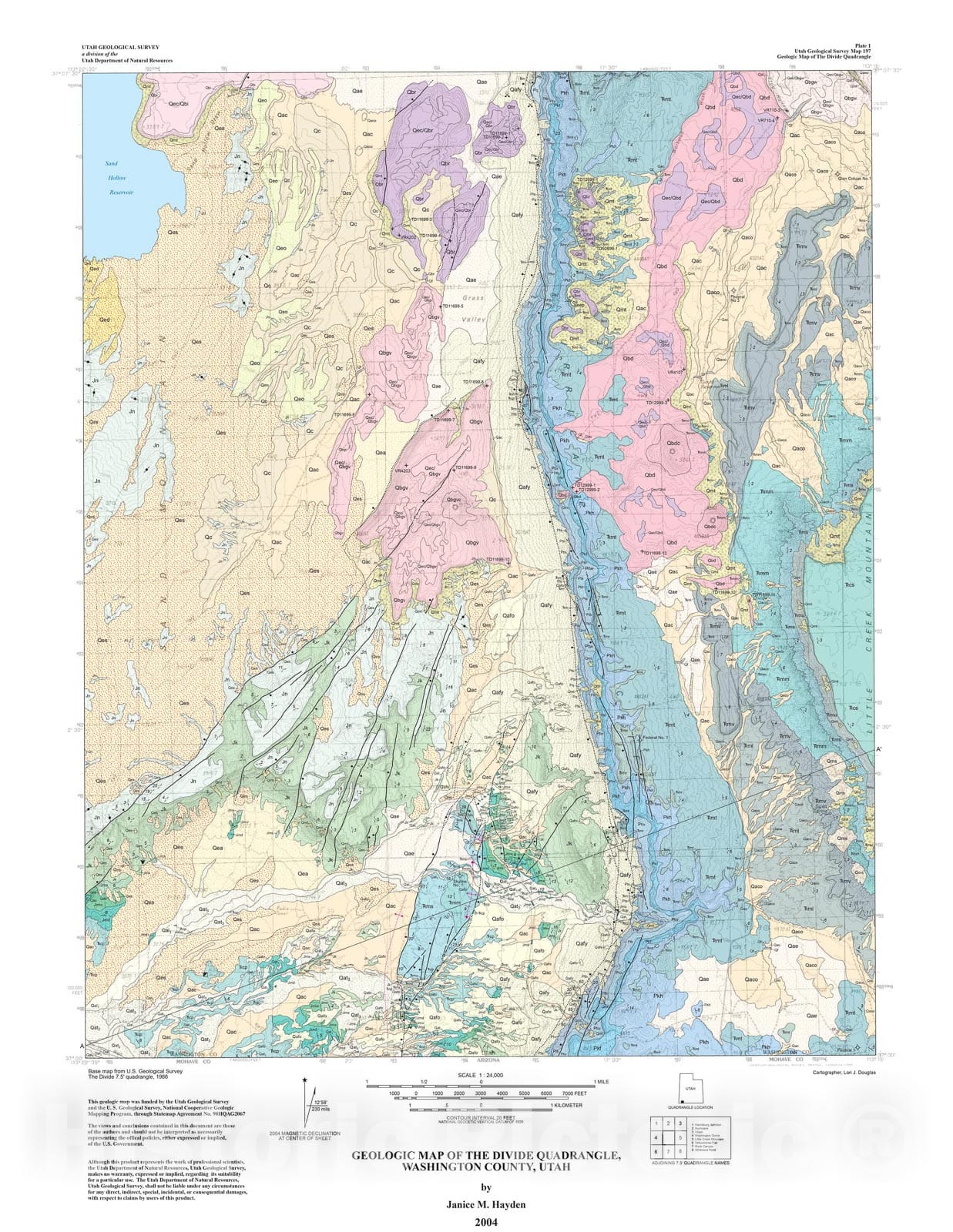 Map : Geologic map of The Divide quadrangle, Washington County, Utah, 2004 Cartography Wall Art :