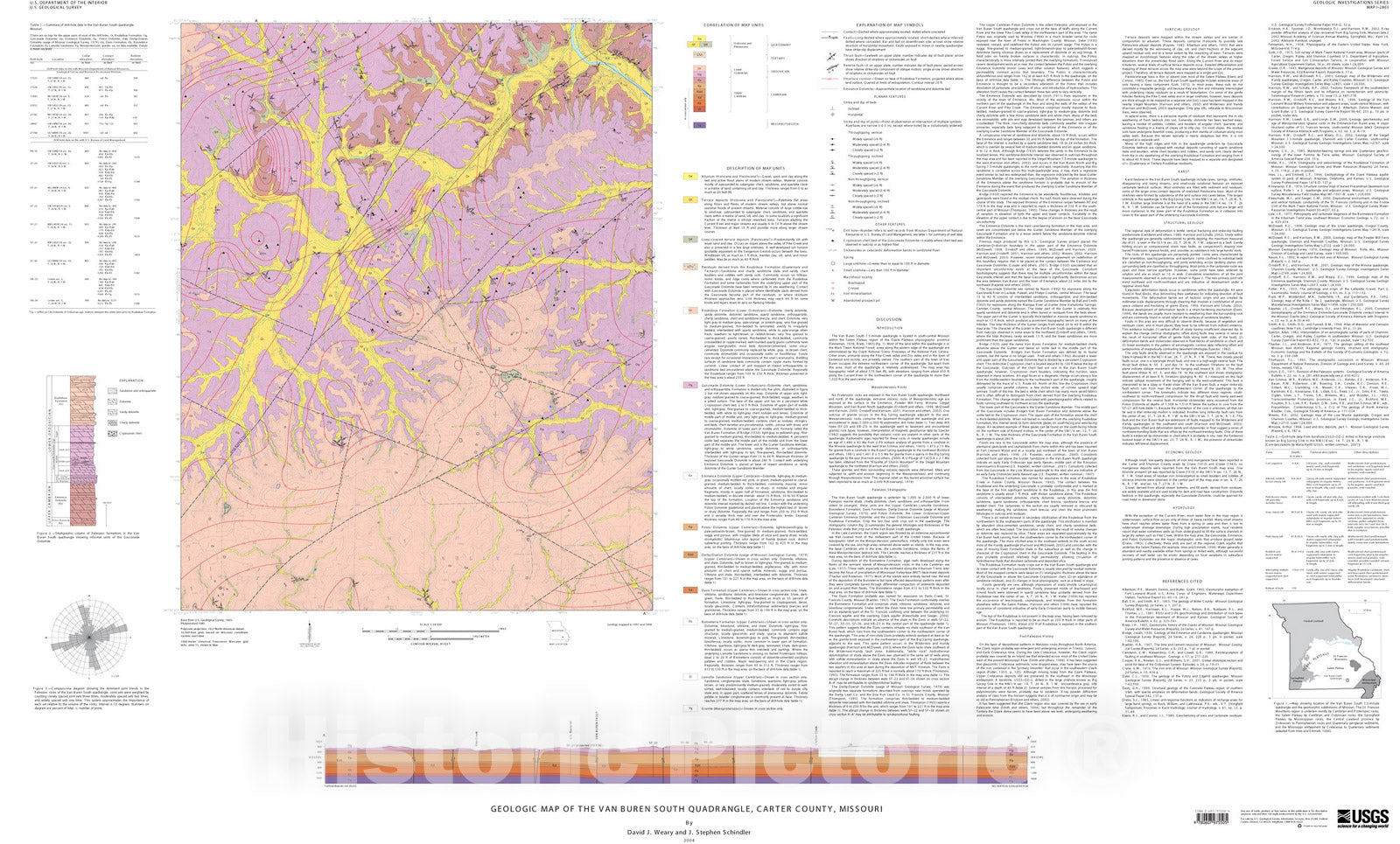 Map : Geology of the Van Buren South quadrangle, Carter County, Missouri, 2004 Cartography Wall Art :