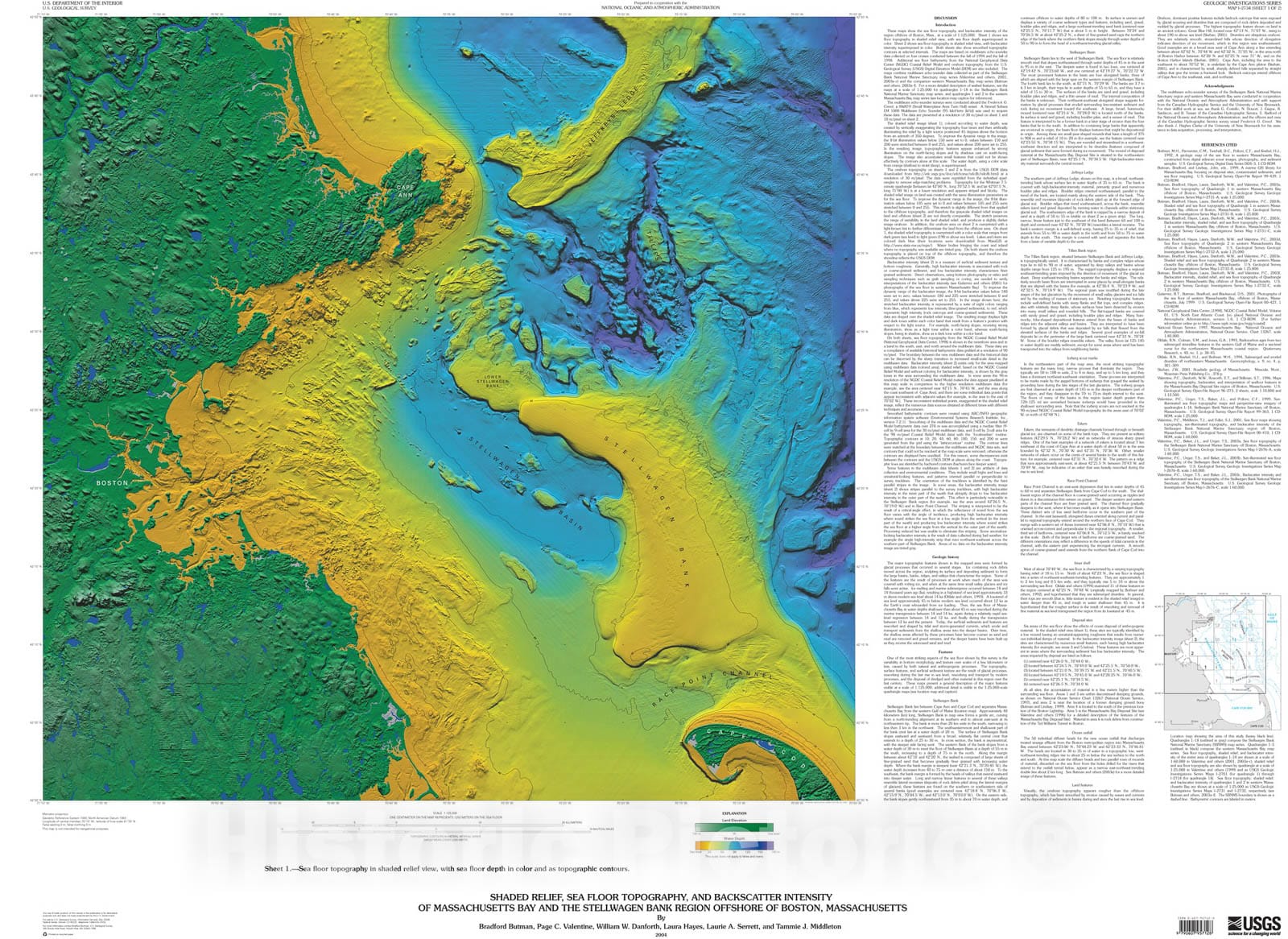 Map : Shaded relief, sea floor topography and backscatter intensity of Massachusetts Bay and the Stellwagen Bank region offshore of Boston, Massachusetts, 2004 Cartography Wall Art :