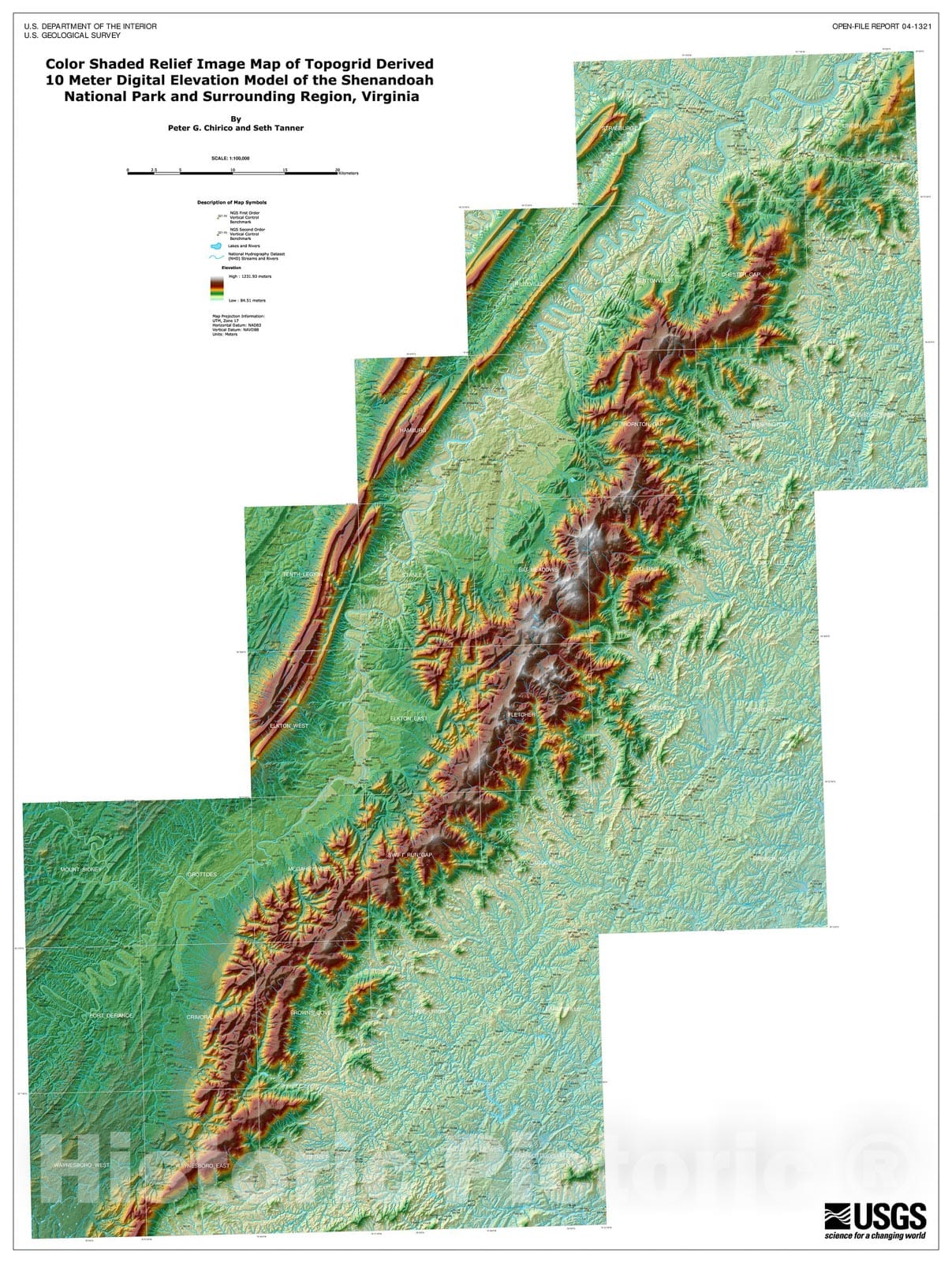 Map : Topogrid derived ten meter digital elevation model of the Shenandoah National Park and surrounding region, Virginia, 2004 Cartography Wall Art :