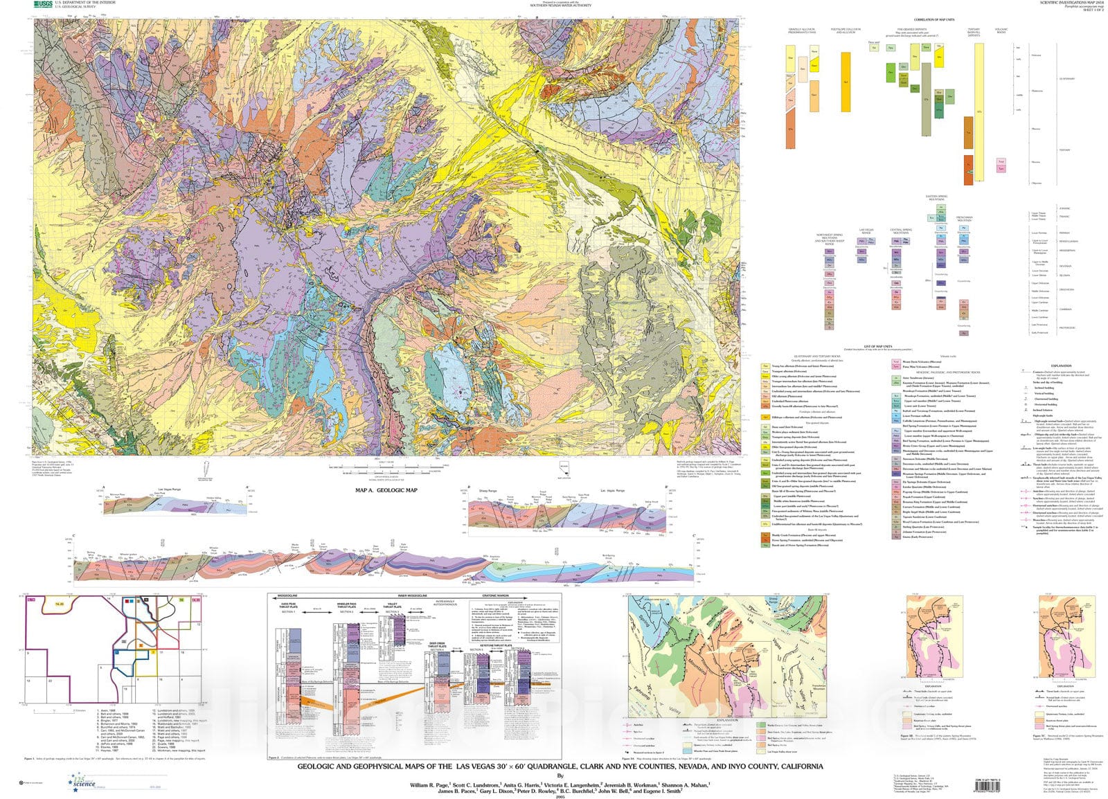 Map : Geologic and geophysical maps of the Las Vegas 30' x 60' quadrangle, Clark and Nye Counties, Nevada, and Inyo County, California, 2005 Cartography Wall Art :