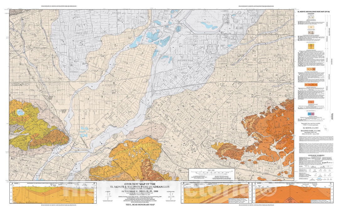 Map : Geologic map of the El Monte and Baldwin Park quadrangles, Los Angeles County, California, 1999 Cartography Wall Art :