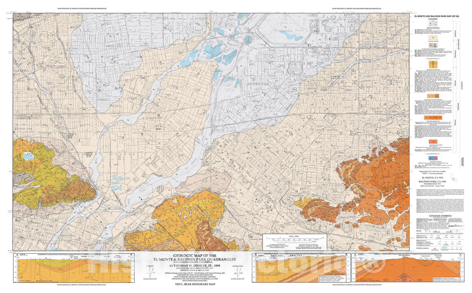 Map : Geologic map of the El Monte and Baldwin Park quadrangles, Los Angeles County, California, 1999 Cartography Wall Art :
