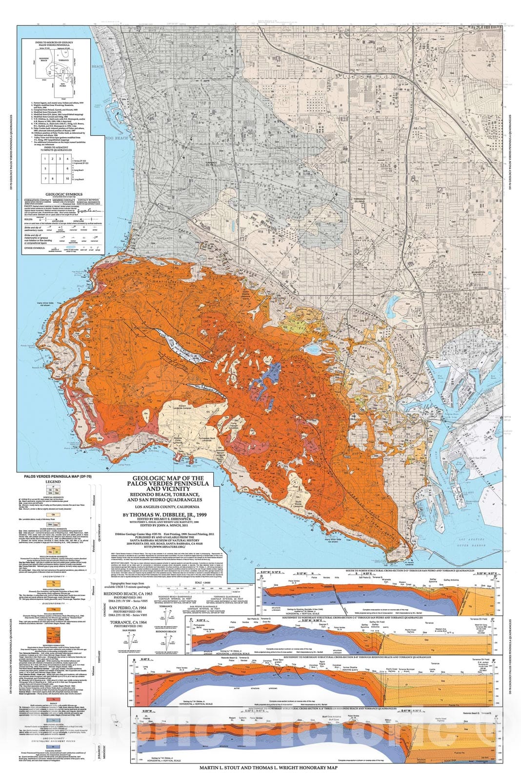 Map : Geologic map of the Palos Verdes Peninsula and vicinity, Redondo Beach, Torrance, and San Pedro quadrangles,  Los Angeles County, California, 1999 Cartography Wall Art :