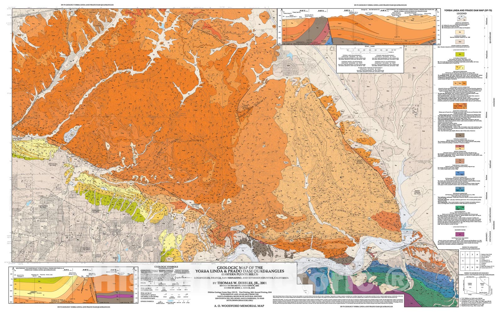 Map : Geologic map of the Yorba Linda and Prado Dam quadrangles (eastern Puente Hills), Los Angeles, Orange, San Bernardino and Riverside Counties, California, 2001 Cartography Wall Art :