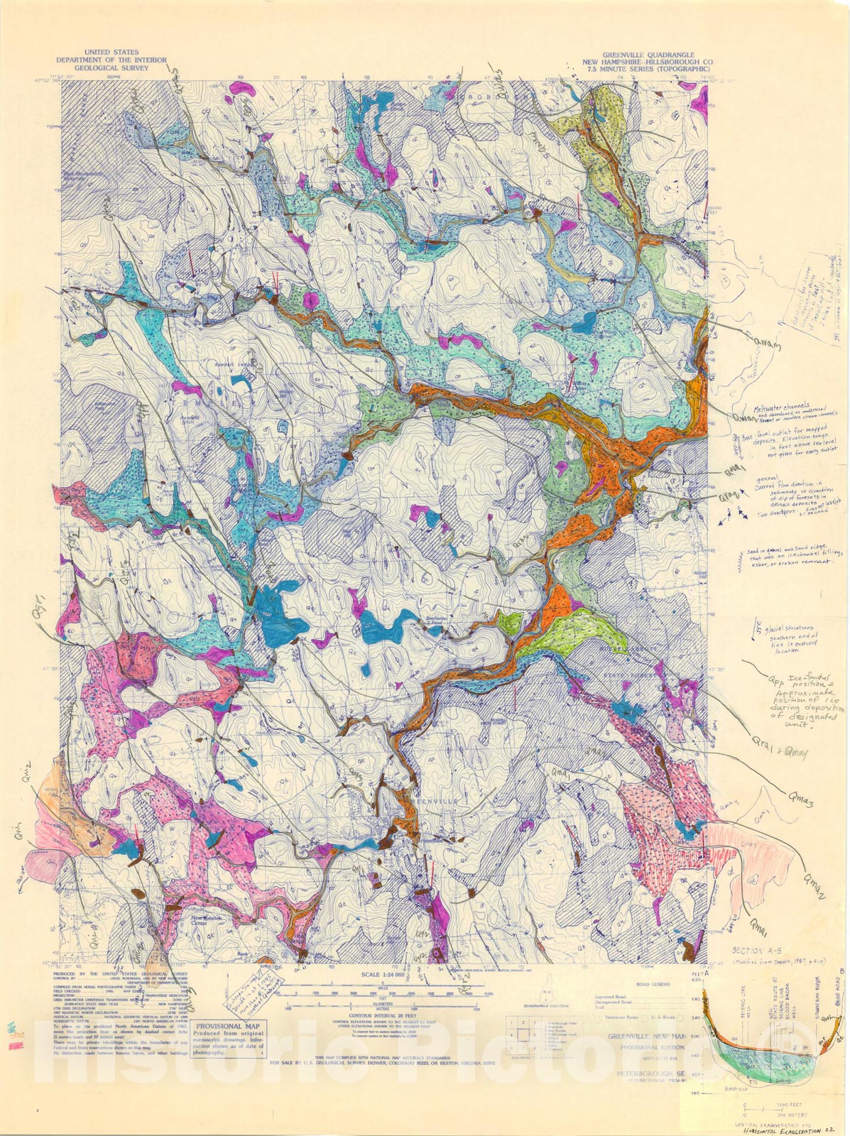 Map : Surficial Geologic Map of the Greenville 7.5 minute quadrangle, New Hampshire, 1988 Cartography Wall Art :