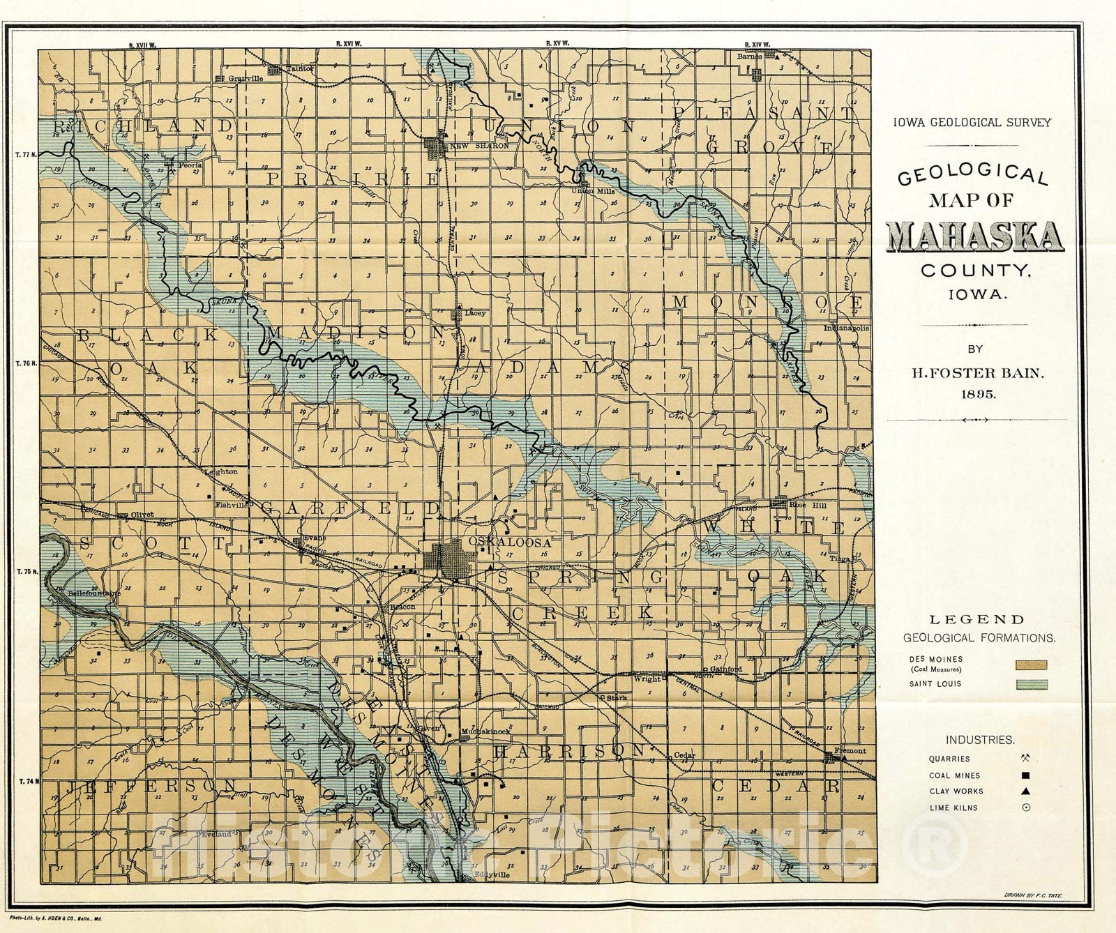 Map : Geology of Mahaska County [Iowa], 1895 Cartography Wall Art :