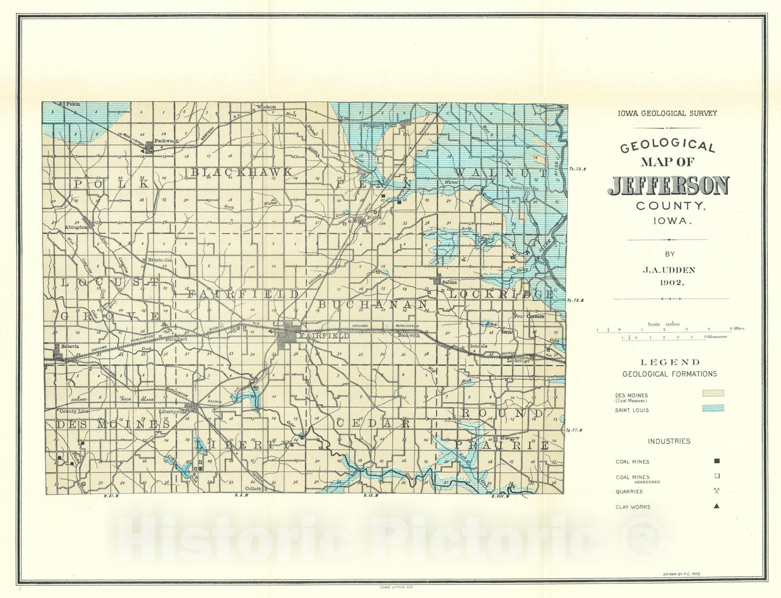 Map : Geology of Jefferson County [Iowa], 1902 Cartography Wall Art :