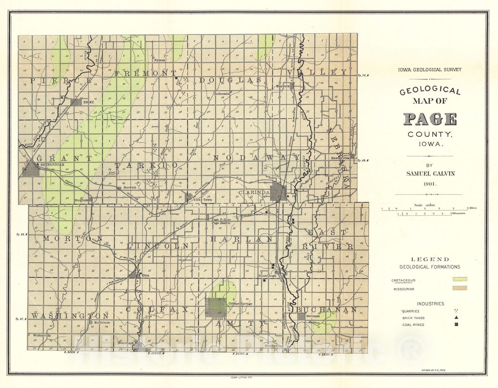 Map : Geology of Page County [Iowa], 1901 Cartography Wall Art :