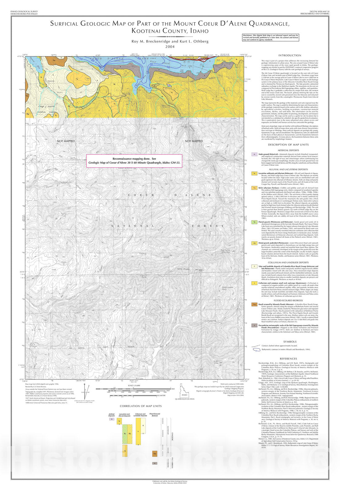 Map : Surficial Geologic Map of Part of the Mount Coeur d'Alene Quadrangle, Kootenai County, Idaho, 2004 Cartography Wall Art :