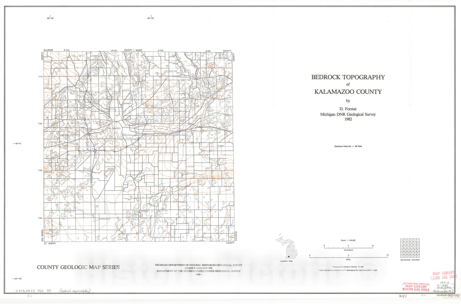Map : Bedrock Topography of Kalamazoo County, 1982 Cartography Wall Art :