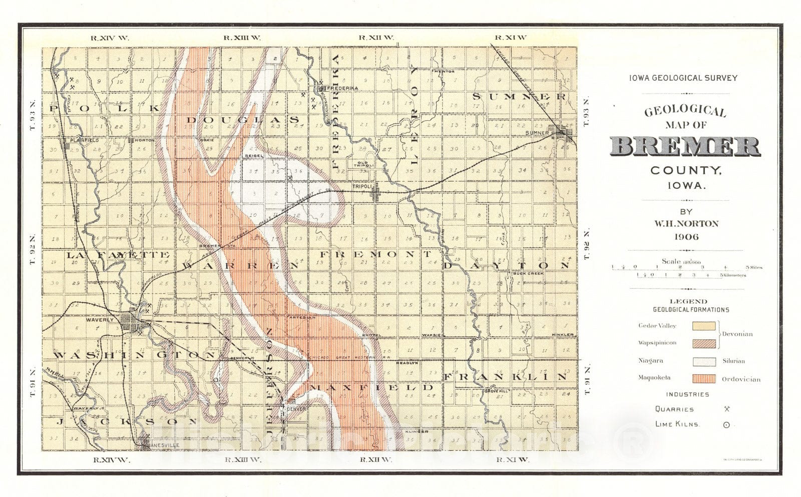 Map : Geology of Bremer County [Iowa], 1906 Cartography Wall Art :