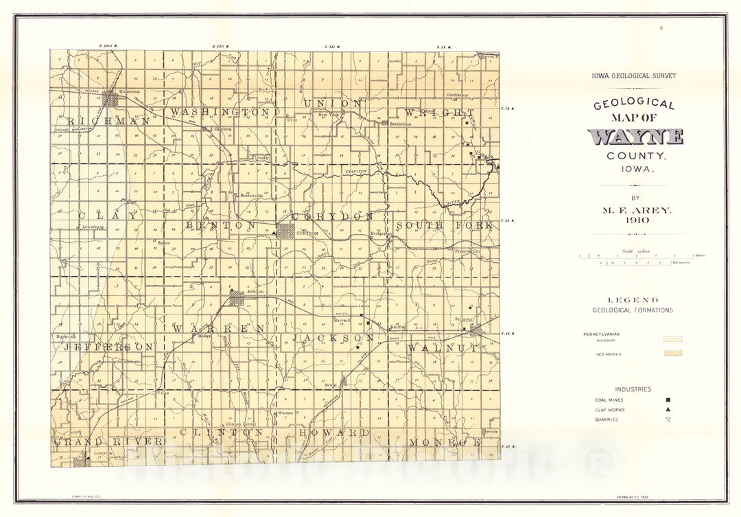 Map : Geology of Wayne County [Iowa], 1910 Cartography Wall Art :